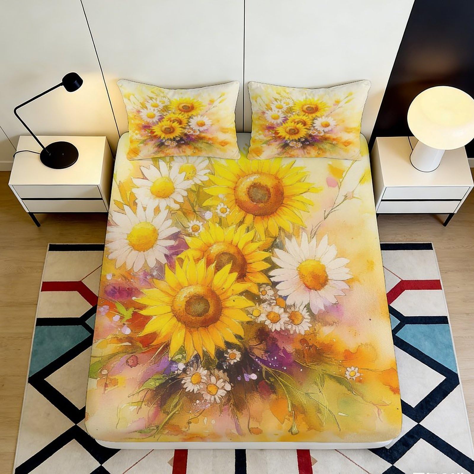 3D Printed Sunflower Daisy Fitted Sheet Microfiber Soft Yellow Floral Bed Cover for Bedroom Guest Room Mattress Decor 90x200x25cm