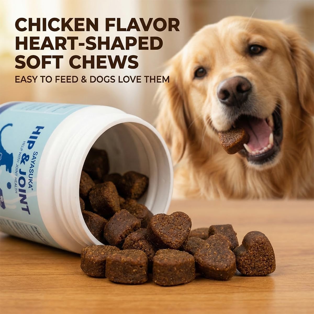 Hip & Joint Soft Chews for Dogs - Supports Mobility, Cartilage & Joint Health - Glucosamine, Chondroitin, Vitamin C & Hyaluronic Acid - Chicken Flavor (90 Chews)