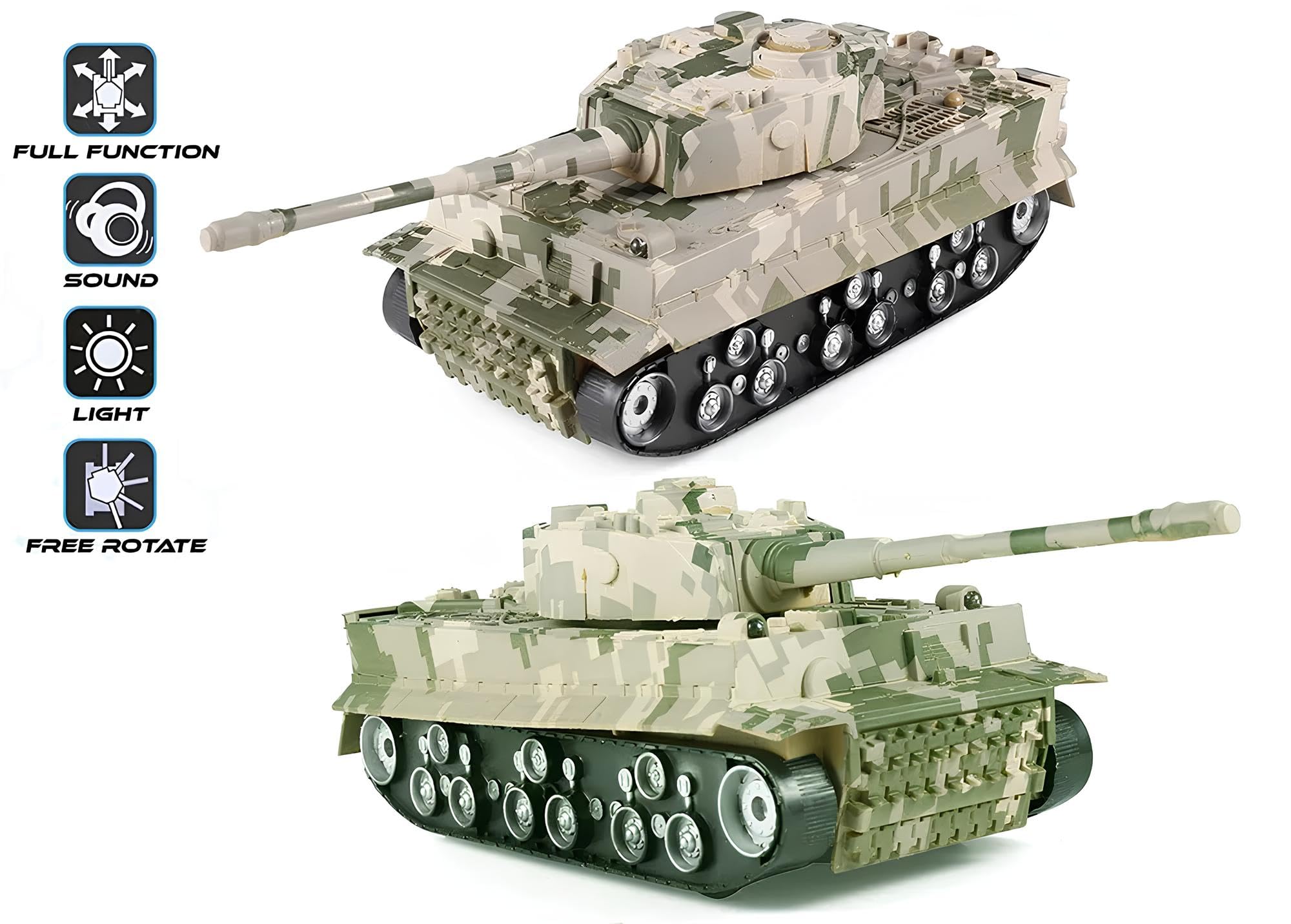 Carro Armato Radiocomandato Grande cm 28 con Luci Suoni Effetti Sonori Torretta Girevole 360° Battle Tank RC Veicolo Militare Camouflage Giocattolo