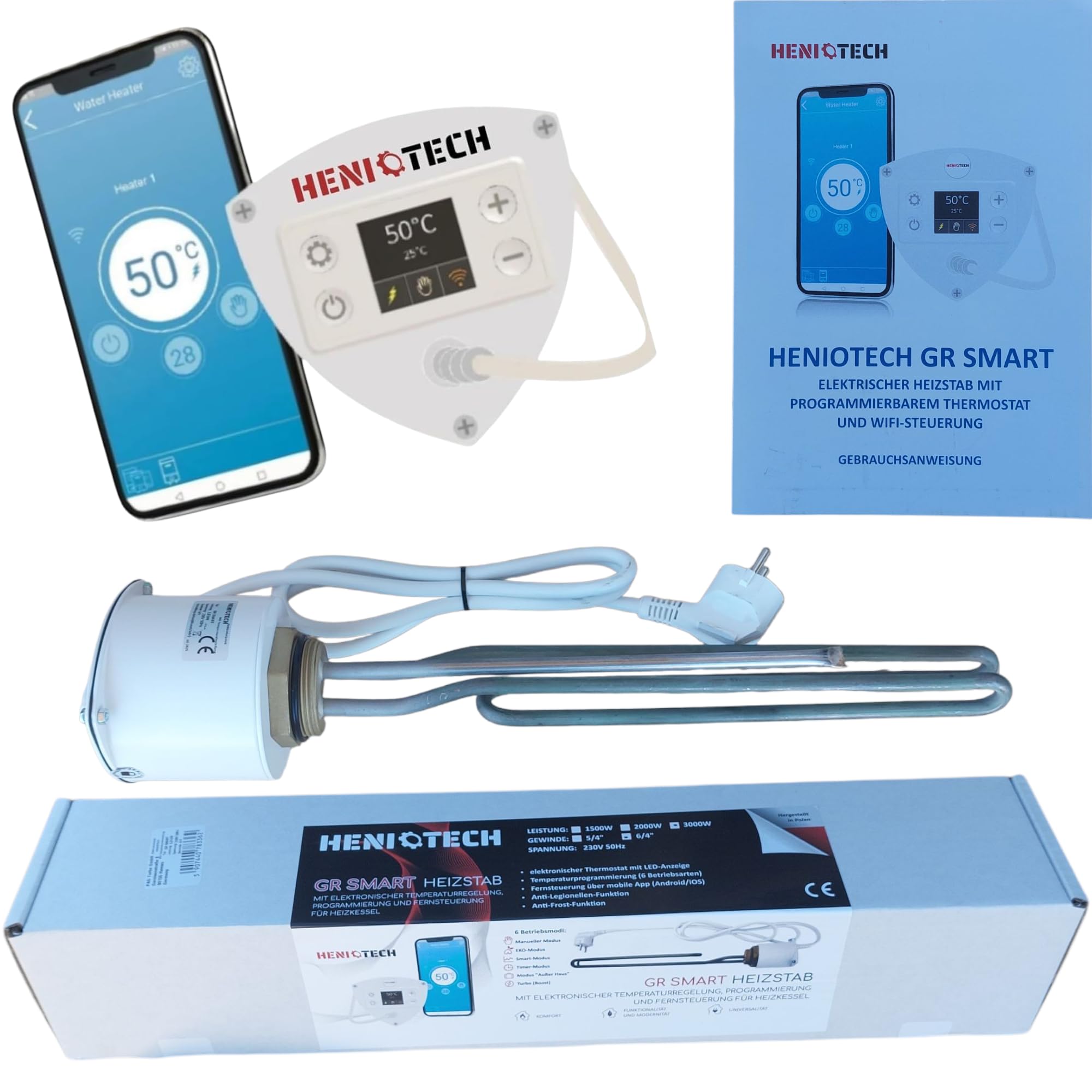 Smart Elektroheizstab 2kW 6/4" Heizpatrone für Boiler mit Wifi Steuerung und Thermostat