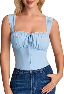 HTZMO Corset Lace Tops for Women Summer Square Neck Tie Sleeveless Cute Y2k Going Out Club Party Crop Top