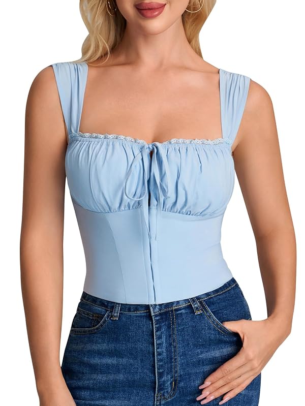 HTZMO Corset Lace Tops for Women Summer Square Neck Tie Sleeveless Cute Y2k Going Out Club Party Crop Top Blue XL by HTZMO - Used condition - US$17.04