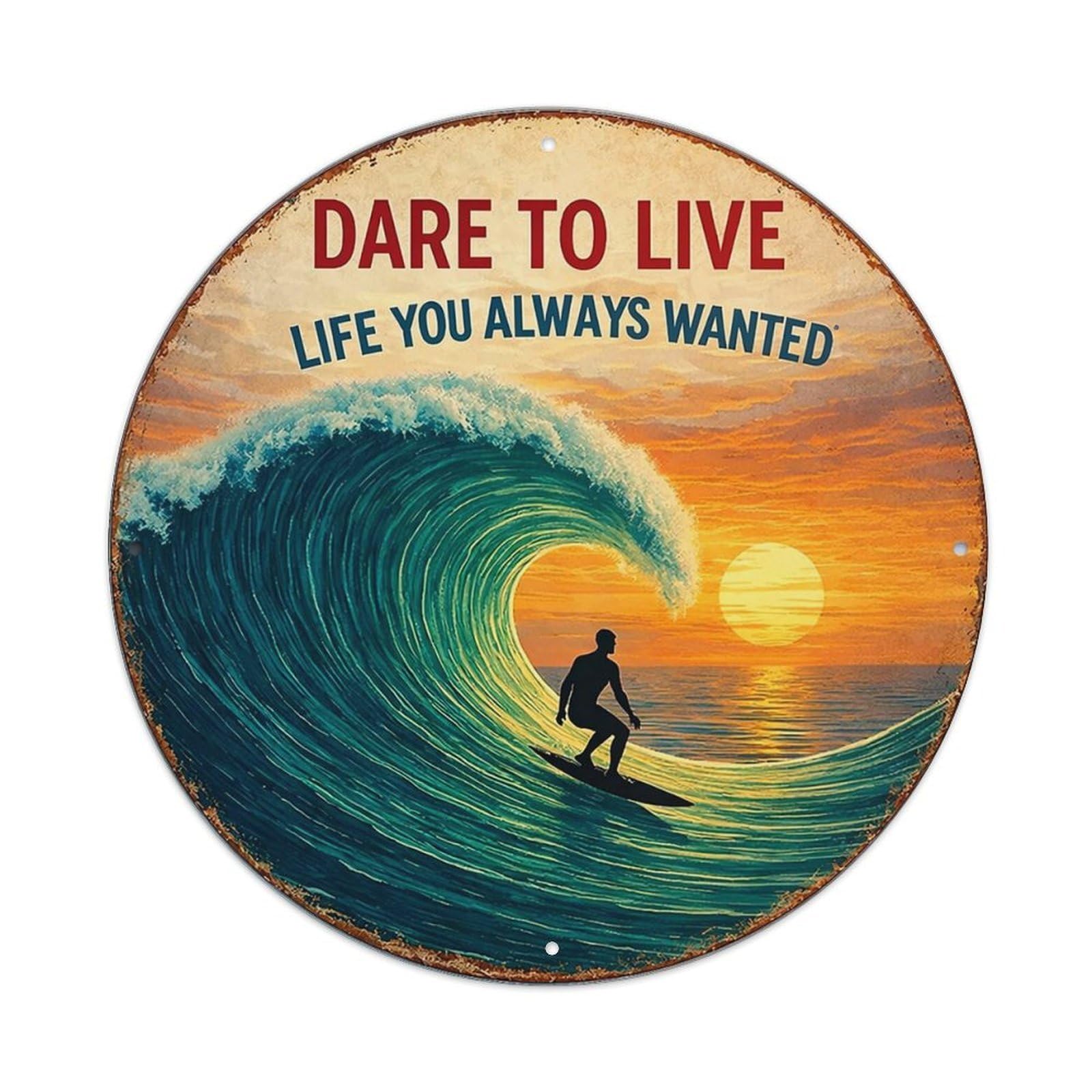 Surfer Riding Wave At Sunset Retro Metal Tin Sign, Vintage Metal Poster for home, Gaming Room, Studio Workshop,Bar,Garage Wall Art Decor 8x8 inch