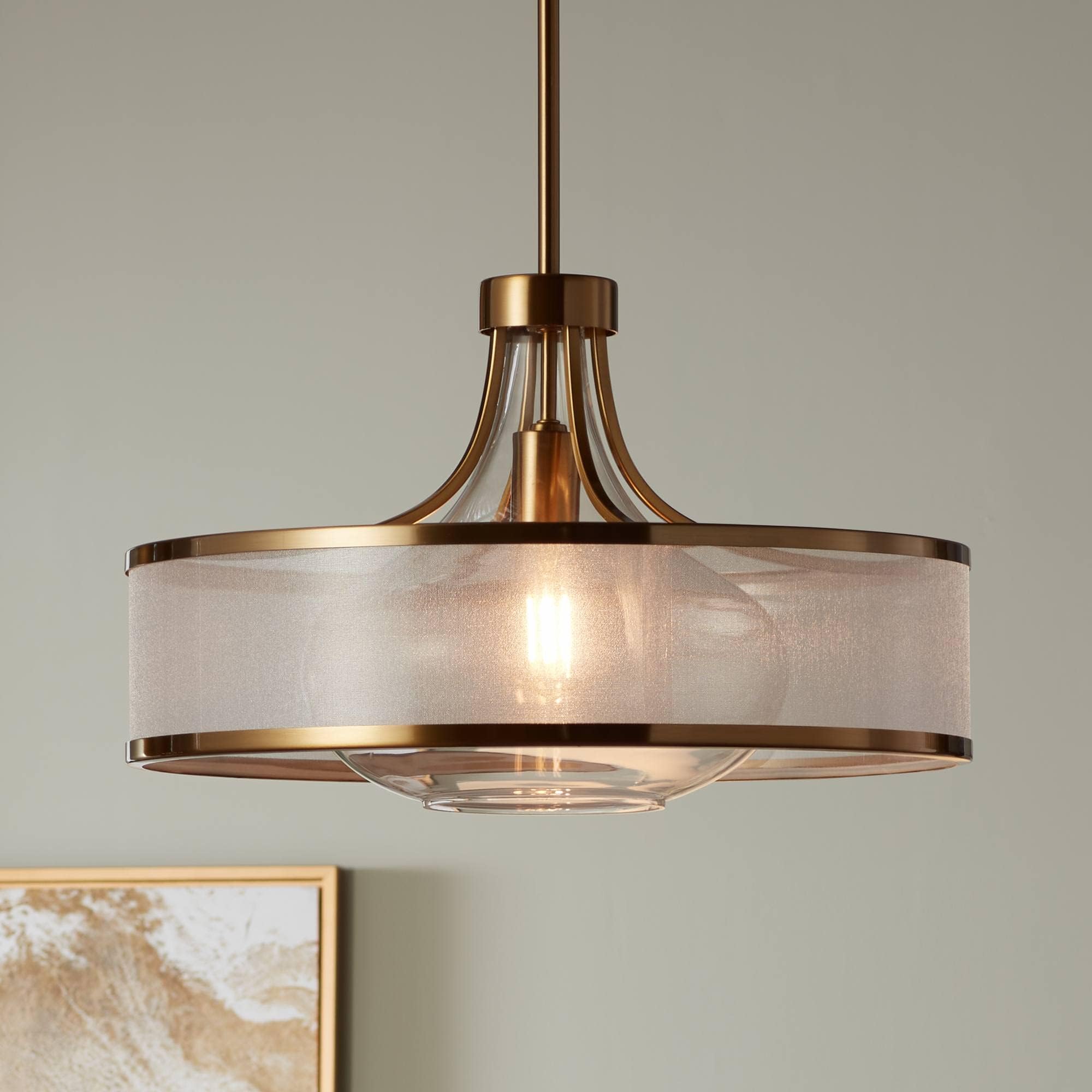 Possini Euro Design Layne Warm Antique Gold Pendant Light 19" Wide Modern Silver Organza Clear Glass Double Shade Fixture for Dining Room House Entryway Bedroom Kitchen Island Hallway High Ceilings