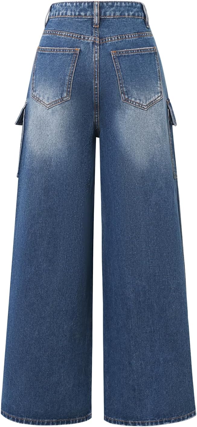 Women's Oversized High Waist Jeans Baggy Wide Leg Flap Pockets Streetwear Cargo Denim Pants
