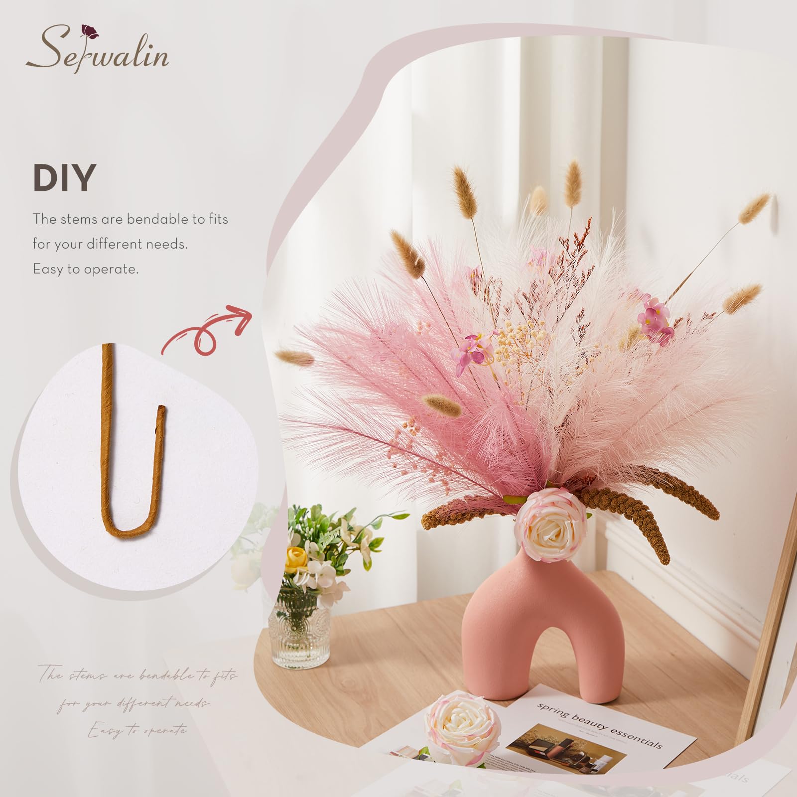 Serwalin 𝟲𝟬 𝙎𝙩𝙪̈𝙘𝙠 Rosa Pampasgras Dekor 45cm Kleine Rosa Pampasgras Künstliche Seidenblumen Home Decor Faux Federn für Vase Hellrosa Raumdekoration für Badezimmer Esszimmer Tisch Centerpiece