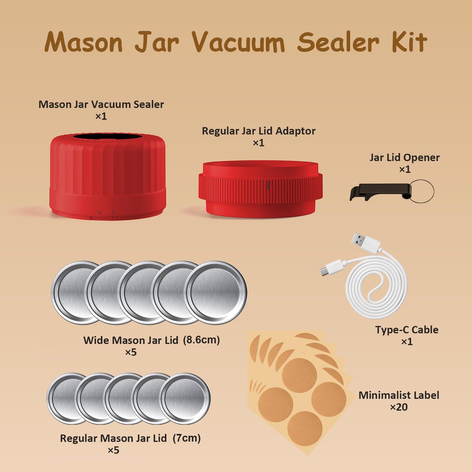 Sellador al Vacío Eléctrico para Tarros Mason – Kit Automático Rojo para Tapas Normales y de Boca Ancha, Rápido y Práctico para Conservas, Fermentados y Despensa