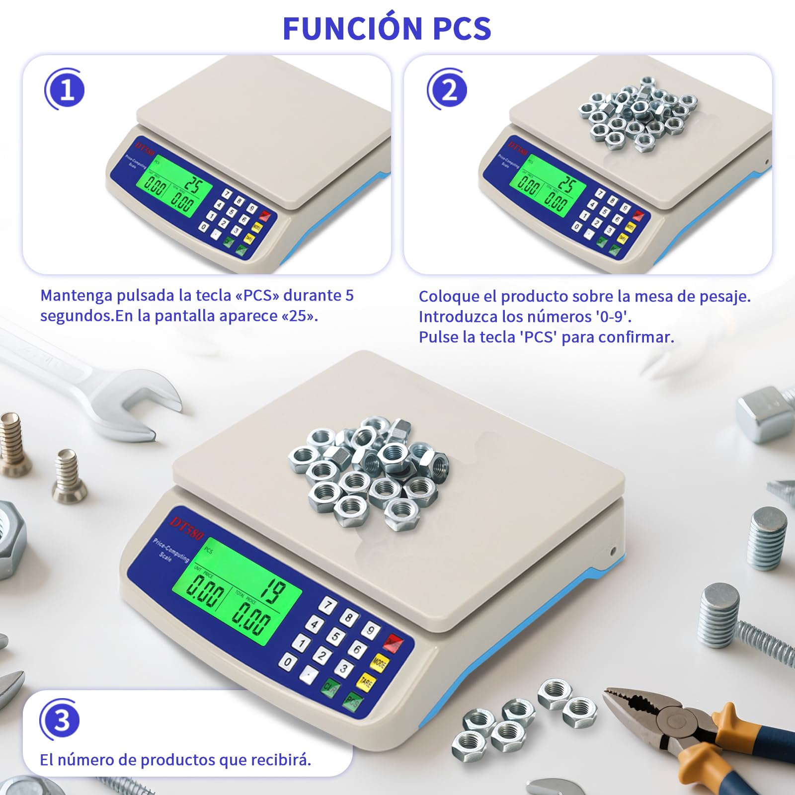 bascula cocina profesional, 25kg /1g bascula de cocina digital, con Pantalla LCD balanza de cocina con PCS Función y Tara peso electronico cocina 3 Unidades Para Alimentos Repostería Pesaje Bascula