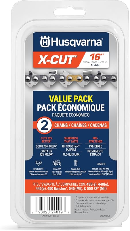 X-Cut SP33G 16 Inch Chainsaw Chain, 2 pack, 325" Pitch, 050" Gauge, 66 Drive Link Chainsaw Blade Replacement, Pre-Stretched and Low Kickback, Gray
