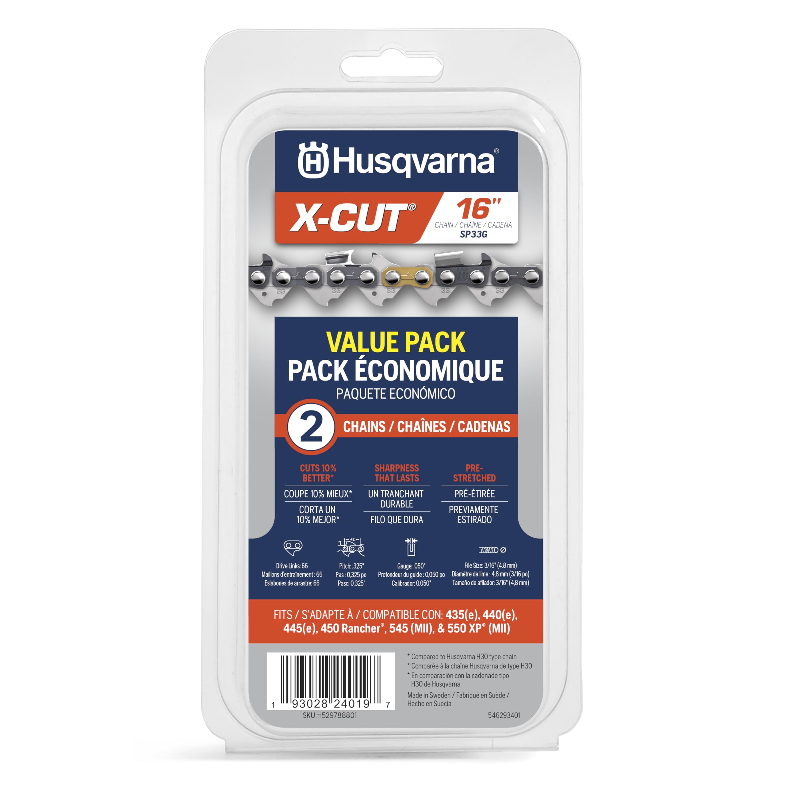 Husqvarna X-Cut SP33G 16 Inch Chainsaw Chain, 2 pack, .325" Pitch, .050" Gauge, 66 Drive Link Chainsaw Blade Replacement, Pre-Stretched and Low Kickback, Gray