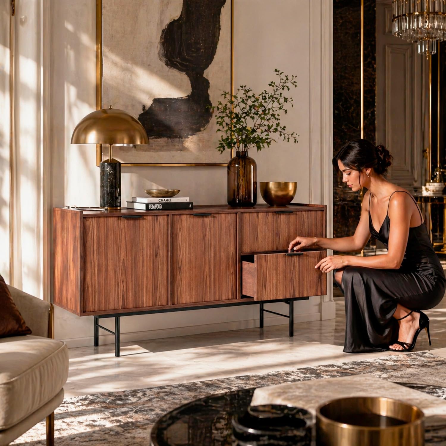 Madia Moderna Con 2 Ante 2 Cassetti E Ripiani Interni Credenza In Melaminico Con Gambe In Metallo Per Soggiorno Sala Da Pranzo Ingresso Ampio Spazio Contenitivo 150 X 40 X 68 Cm Noce