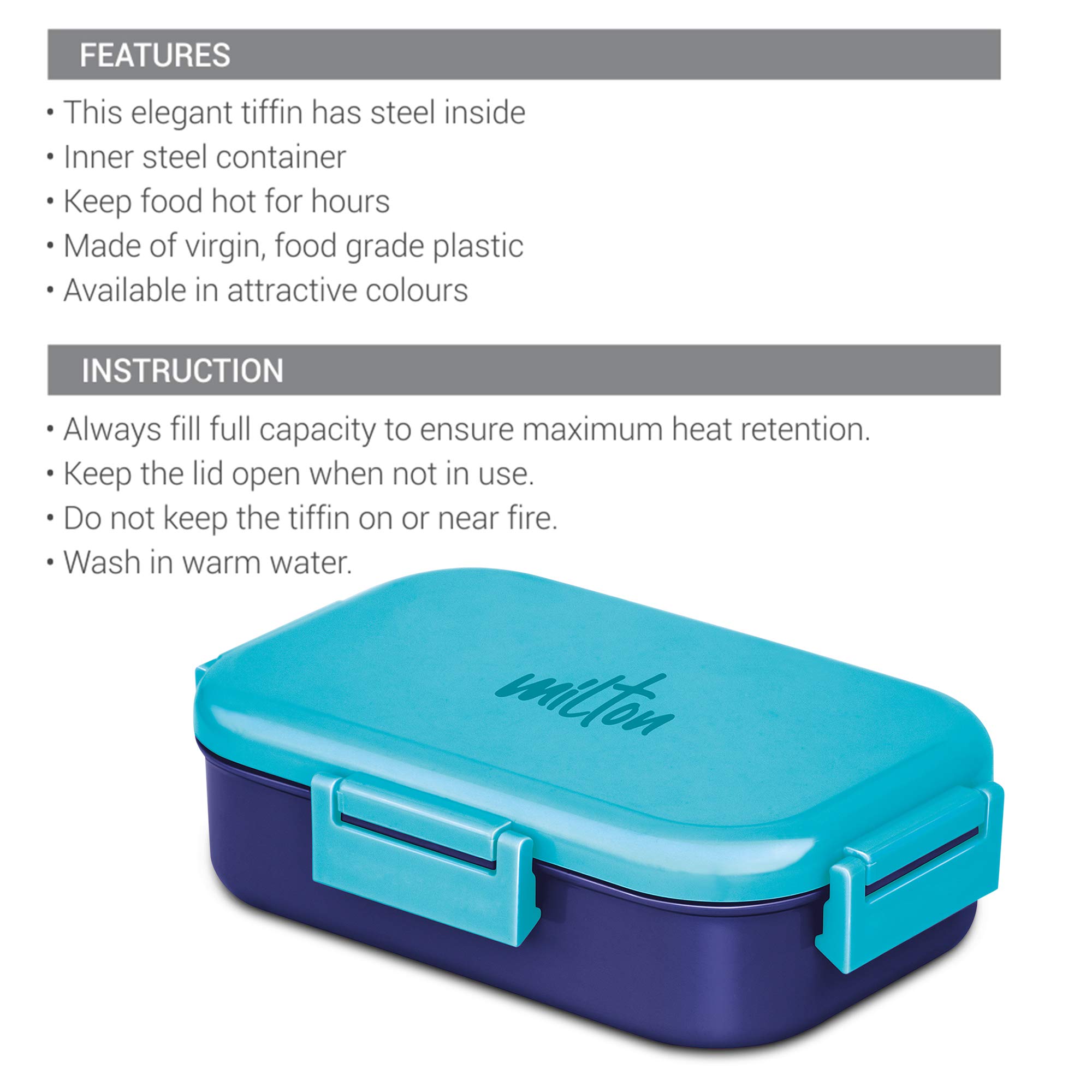 MILTON Senior Flatmate Tiffin Box Steel Kids Lunch Box, Inner Stainless Steel Insulated Containers with Clip Lock Lid, 700ml, Airtight Leakproof Kids Lunch Box, for School, Picnic, Blue — Amazon image 4
