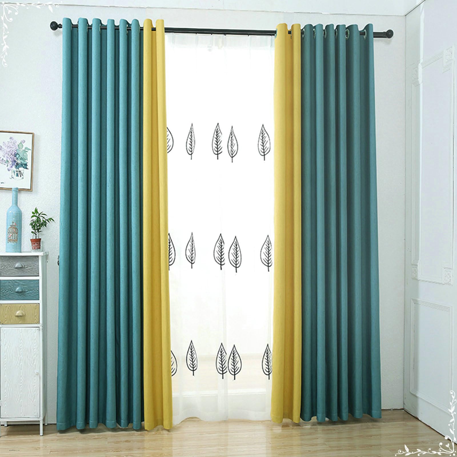 Gualiy Lot de 2 Rideau Occultant Thermiques, Rideaux Bleu Jaune 86x214CM Rideau de Chambre Patchwork de Couleur Unie Rideaux pour Salon, Chambre à Coucher