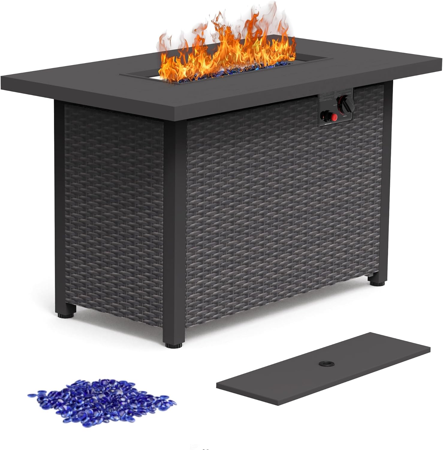 42" Propane Fire Pit Rattan Table 50,000 Btu Gas Fire Pits for Outside Patio w/Lid & Explosion-Proof Blue Glass Stone for Firepit Table forBackyard Evening Gatherings on Deck Gardens