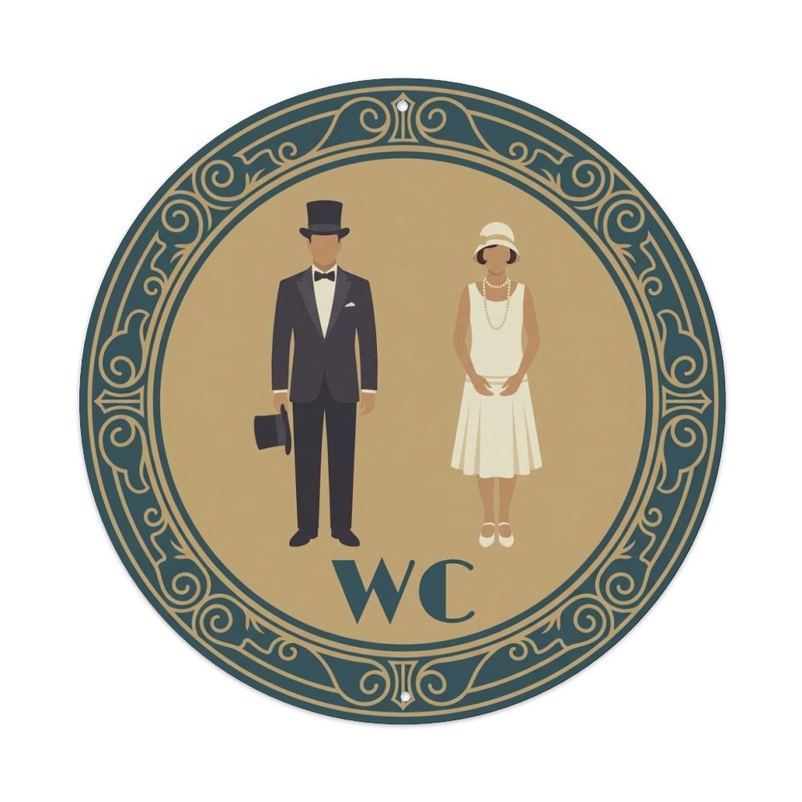 Restroom Notice WC Teal Gold Deco Door Metal Tin Sign