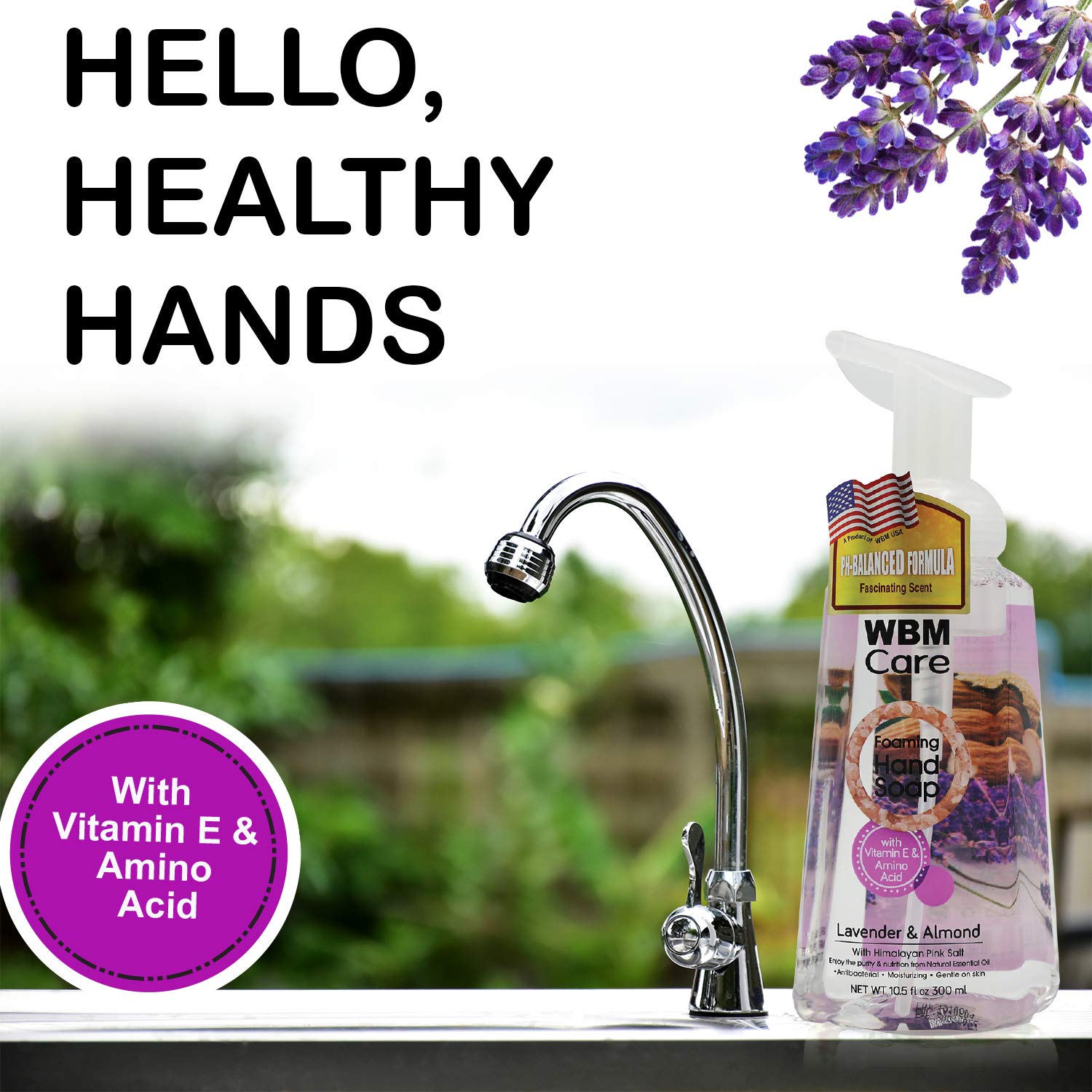 WBM Care Antibacterial Foaming Hand Soap Refill, Made with Lavender and Almond Extracts, Vitamin & Amino Acid Liquid Hand Wash - 13.5 Fl Oz (Pack of 3)