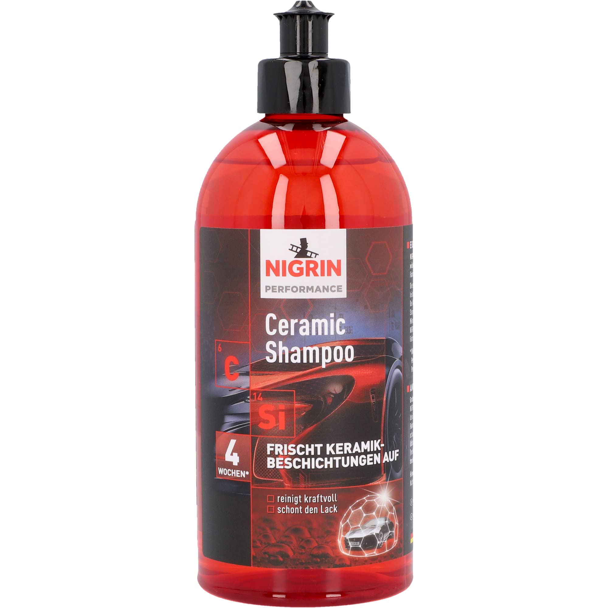 NIGRIN Performance Ceramic Shampoo für Autowäsche, intensive Schmutzlösewirkung, mit Abperleffekt, Schutz vor Neuverschmutzung, 500 ml, rot