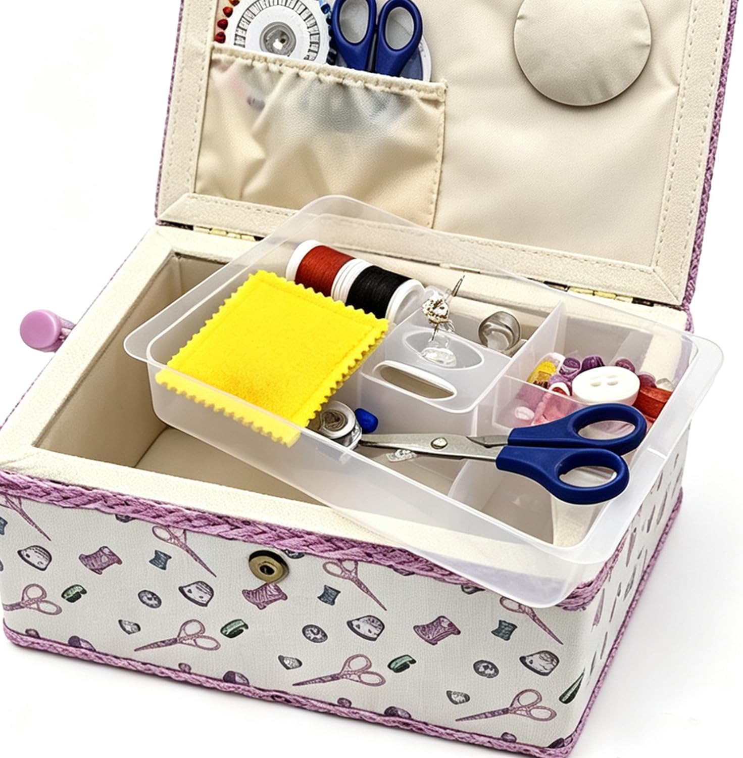 Sewing Box with Accessories Set, Large Fabric Floral Craft Storage Organizer Basket for Women & Girls, Portable Sewing Kit for Beginner, Travel, Mending, Embroidery Supplies