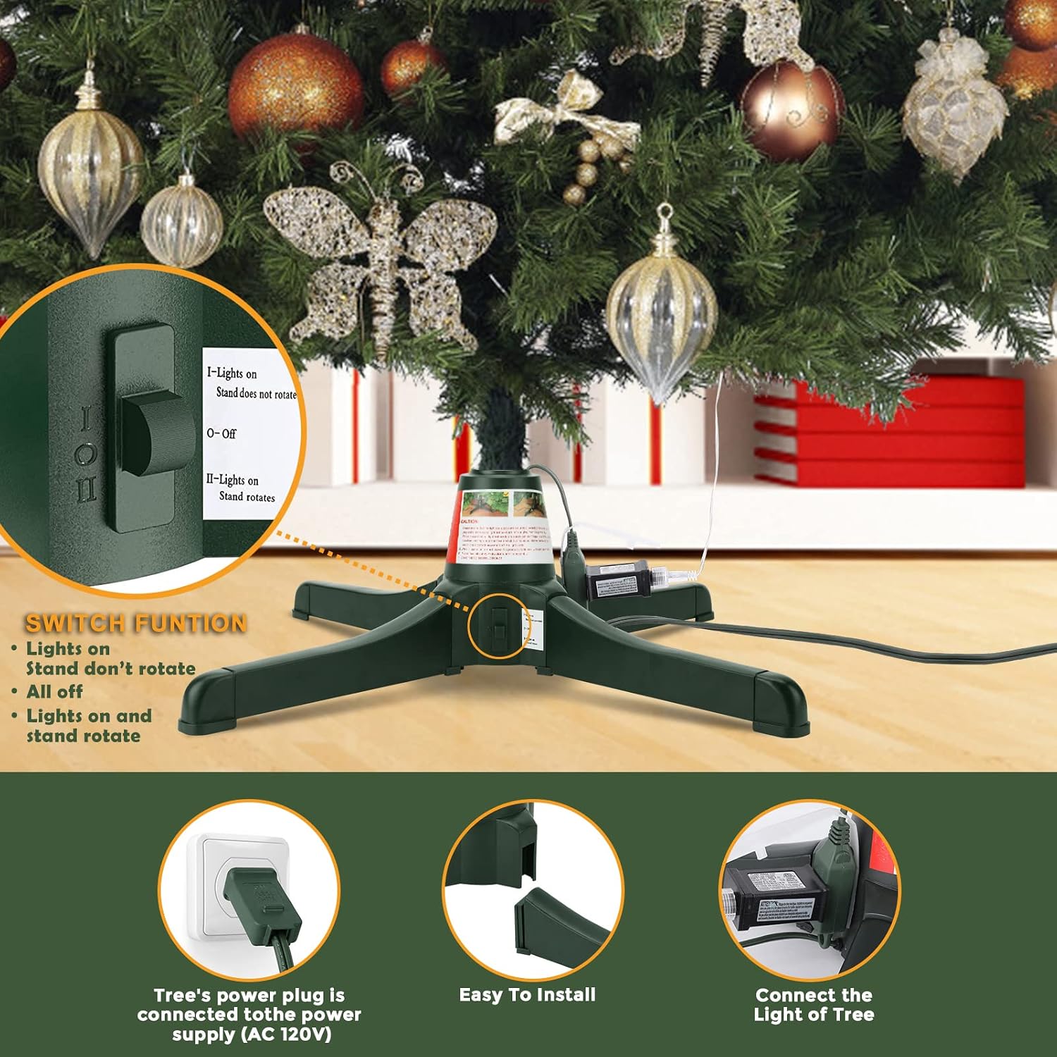 GREATDAY Rotating Tree Stand,360-Degree rotating christmas tree stand,Up to 7.5ft and 80 pounds Artificial Tree,With 3 settings trunk diameter