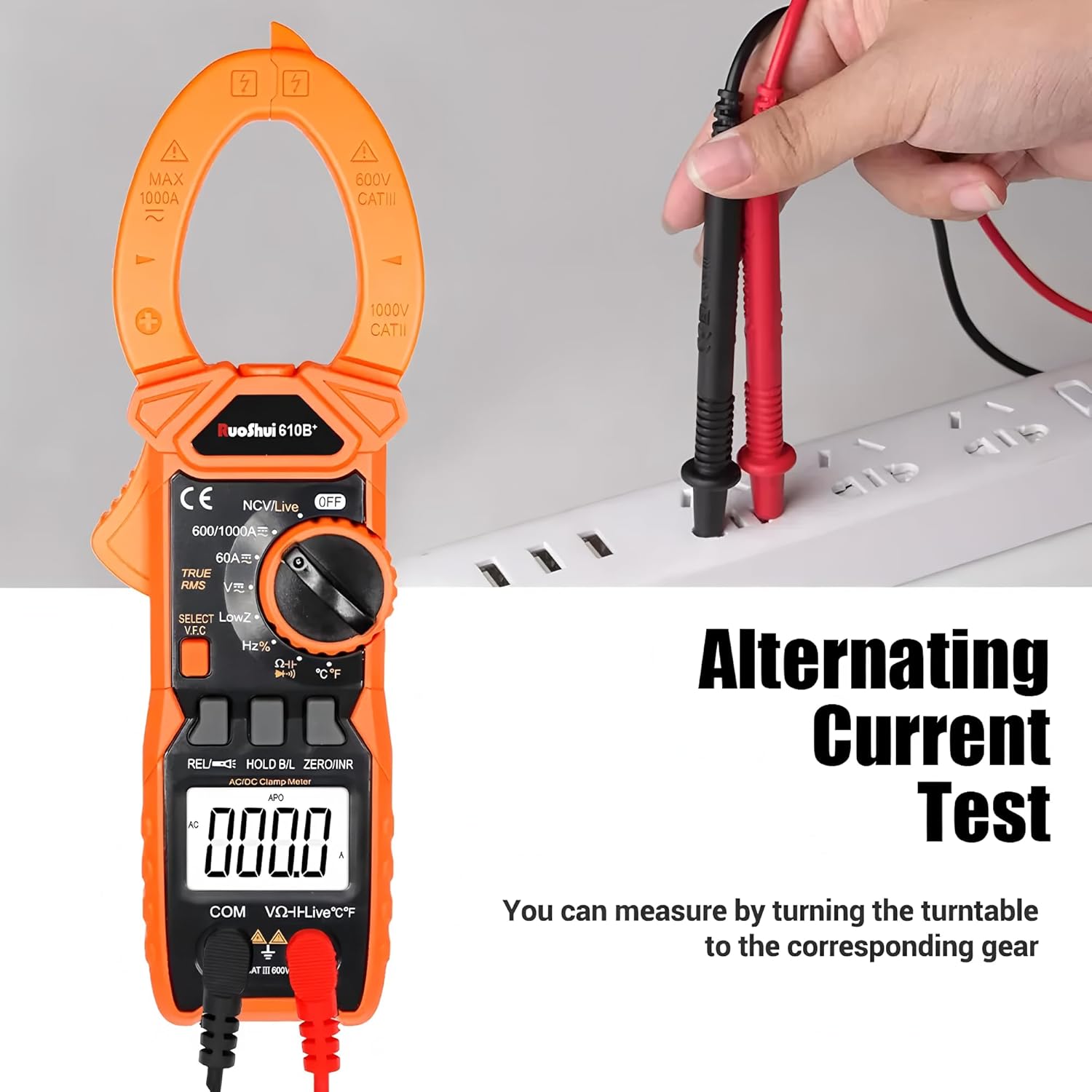 Person performing an AC current test with RuoShui 610B+ Digital Clamp Metroa