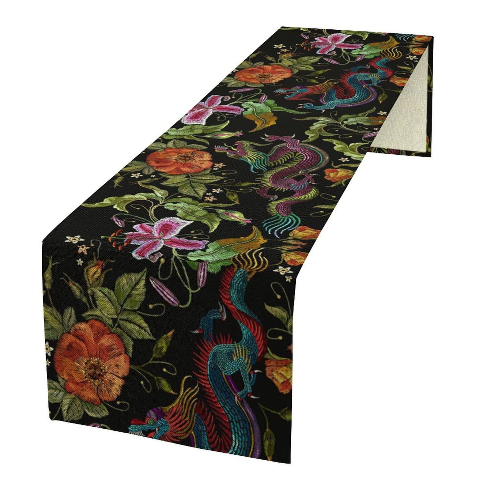 JanJCurt Asian Dragon Table Runner, Chinese Traditional Folk Embroidery Colorful Dragon Red Roses Print Kitchen Dining Table Runner for Indoor Outdoor Home Party Holiday Decor, 13x70inch