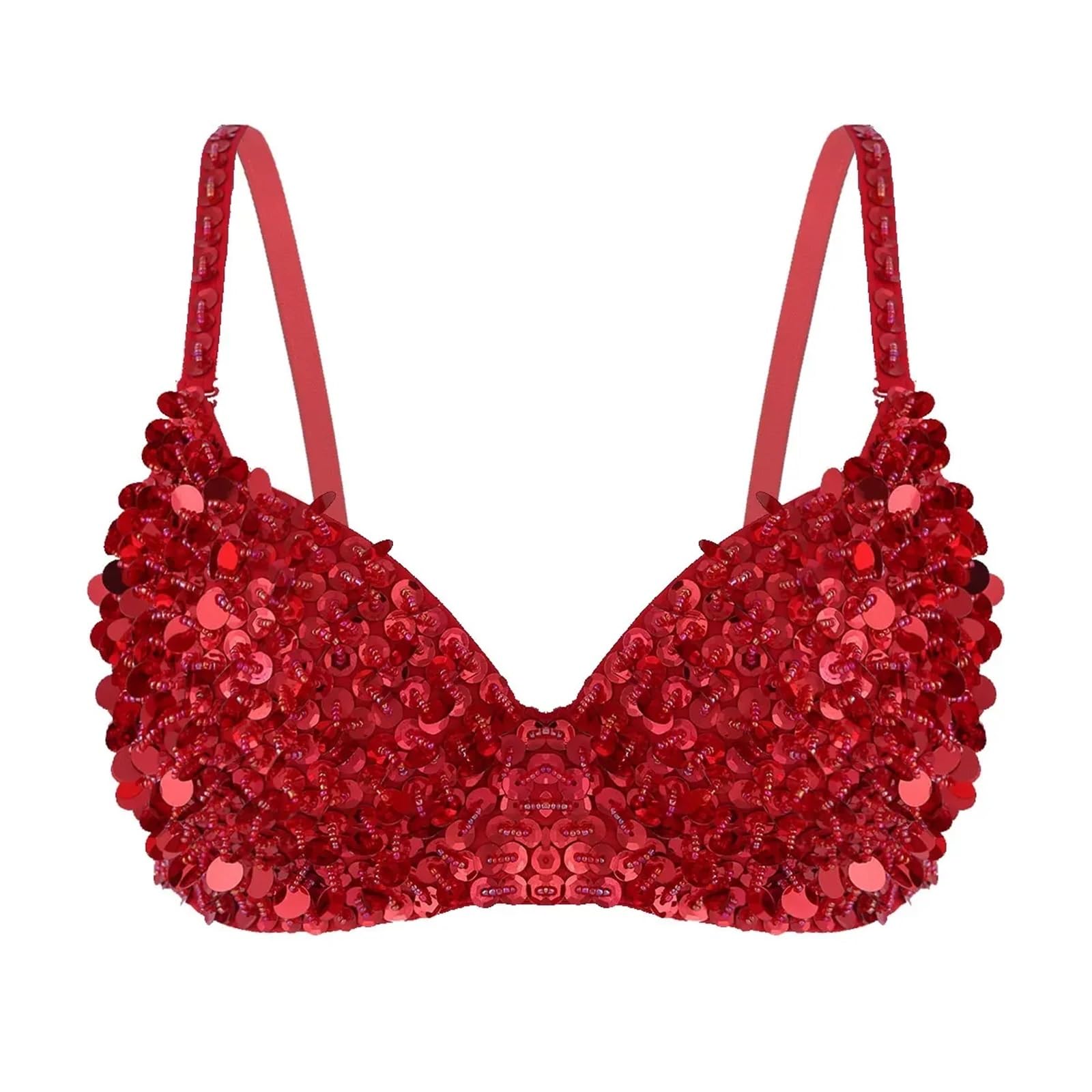 AMENGJ Belly Dance Top Bra Women Sparkle Sequins Beading Padded Bra Top Belly Dancing Bra Tops for Raves Dance(Red,36B-80cm)