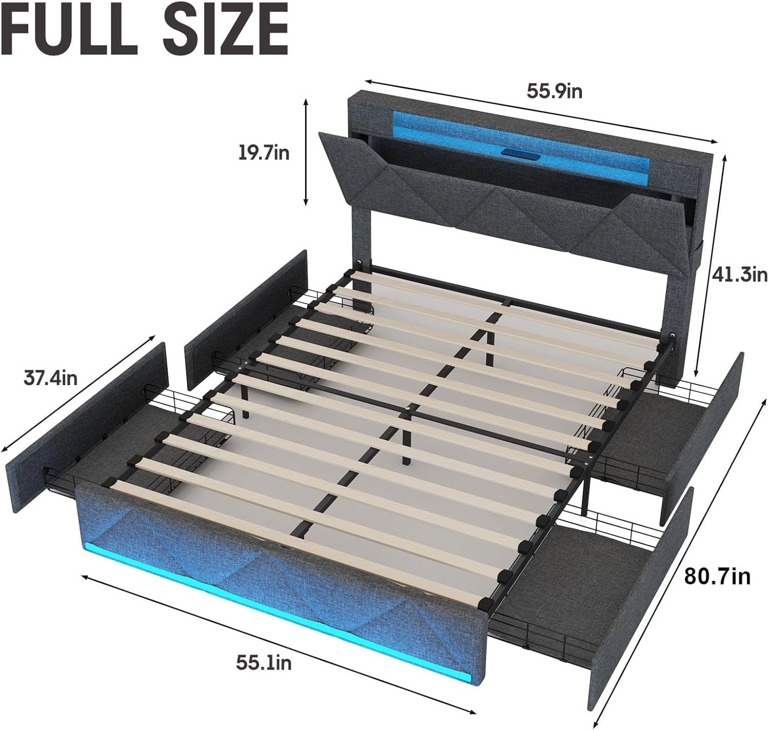 Maupvit Full Size Bed Frame with Storage Drawers,Charging Station & Led Lights,Upholstered Headboard with Hidden Storage,No Box Spring Needed,Wooden Slats Support,Grey