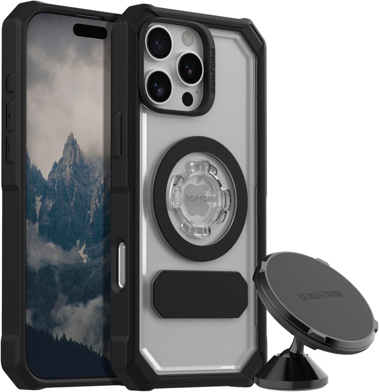 Rokform iPhone 16 Pro Max Crystal Case + Magnetic Swivel Dash Phone Mount for Car, Truck, or Van