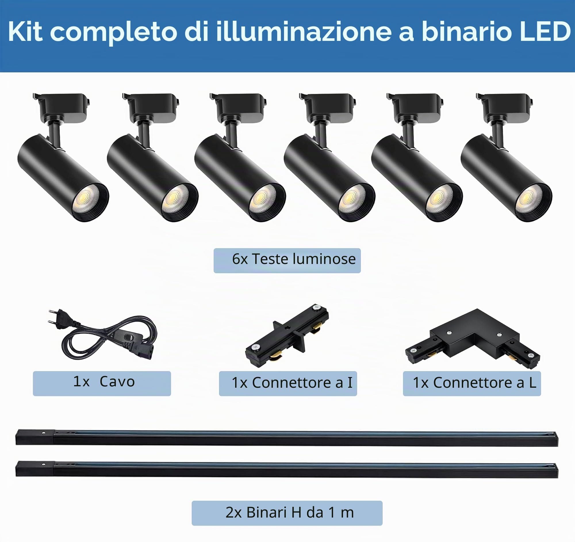 Kit Luci a Binario Teste, 6 Luci Binario Estensibile 2x1m Binario Tipo H 20W 4000K Bianco Naturale Faretti a Soffitto