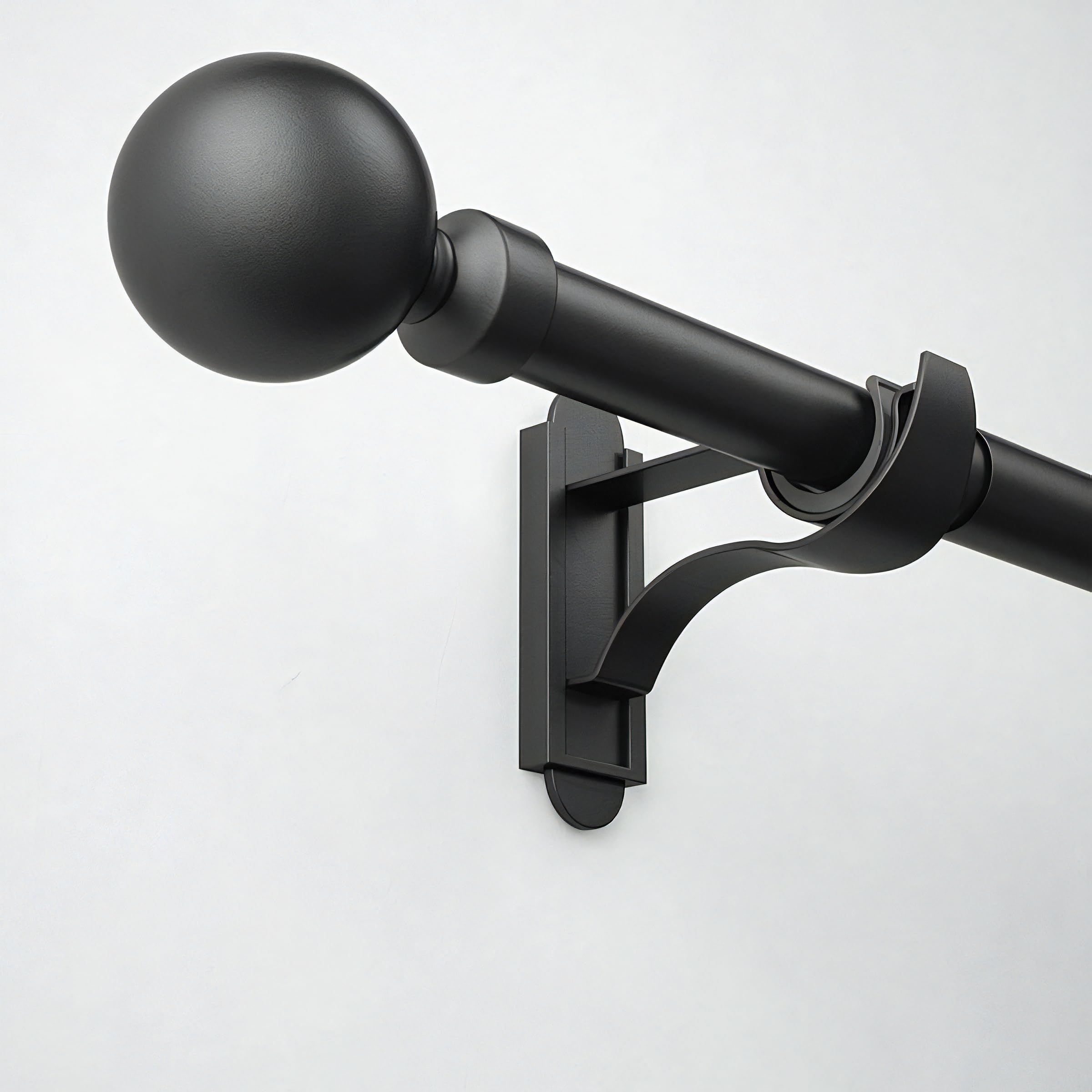 ROTHLEY Black Curtain Rods for Windows 28 to 48 Inch Extendable Curtain Pole 1 Inch Diameter Small Curtain Rod Metal Heavy Duty Drapery Rod With Klick Fit Brackets-Orb Finial