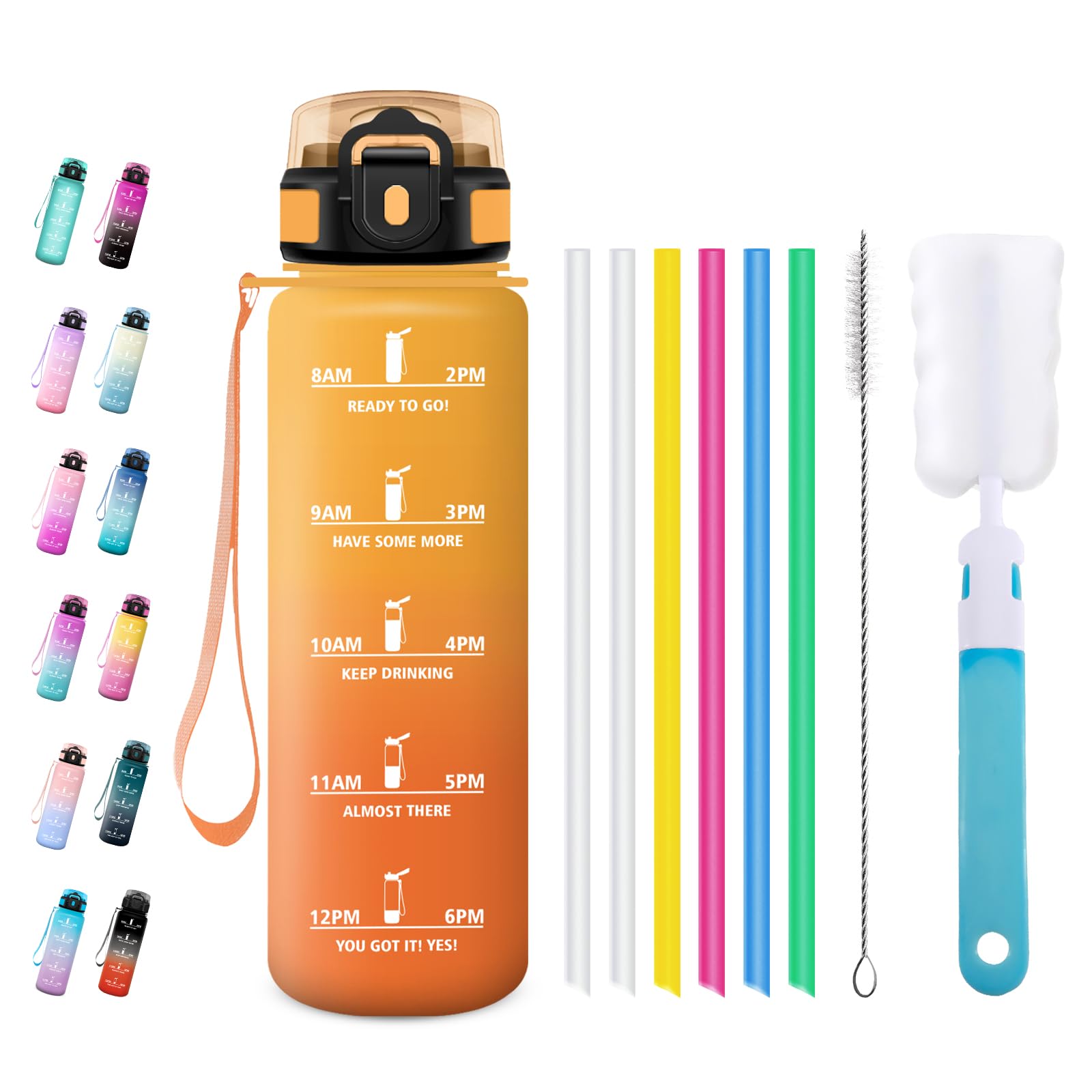 JAPORIA Sports Bottle, 1 Litre, Leak-Proof Drinking Bottle with Straw and Time Marking, Suitable for Carbonated Drinks, for Camping, Running, Cycling