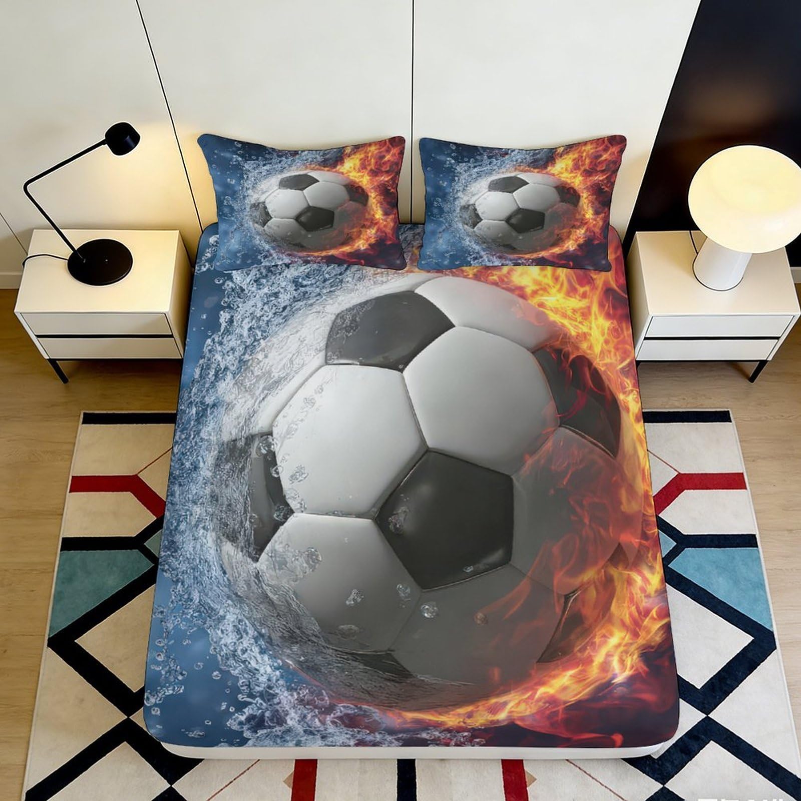 3D Printed Fire Soccer Fitted Sheet Microfiber Soft Breathable Ice Football Bed Cover for Bedroom Dorm Mattress Protector 90x200x25cm