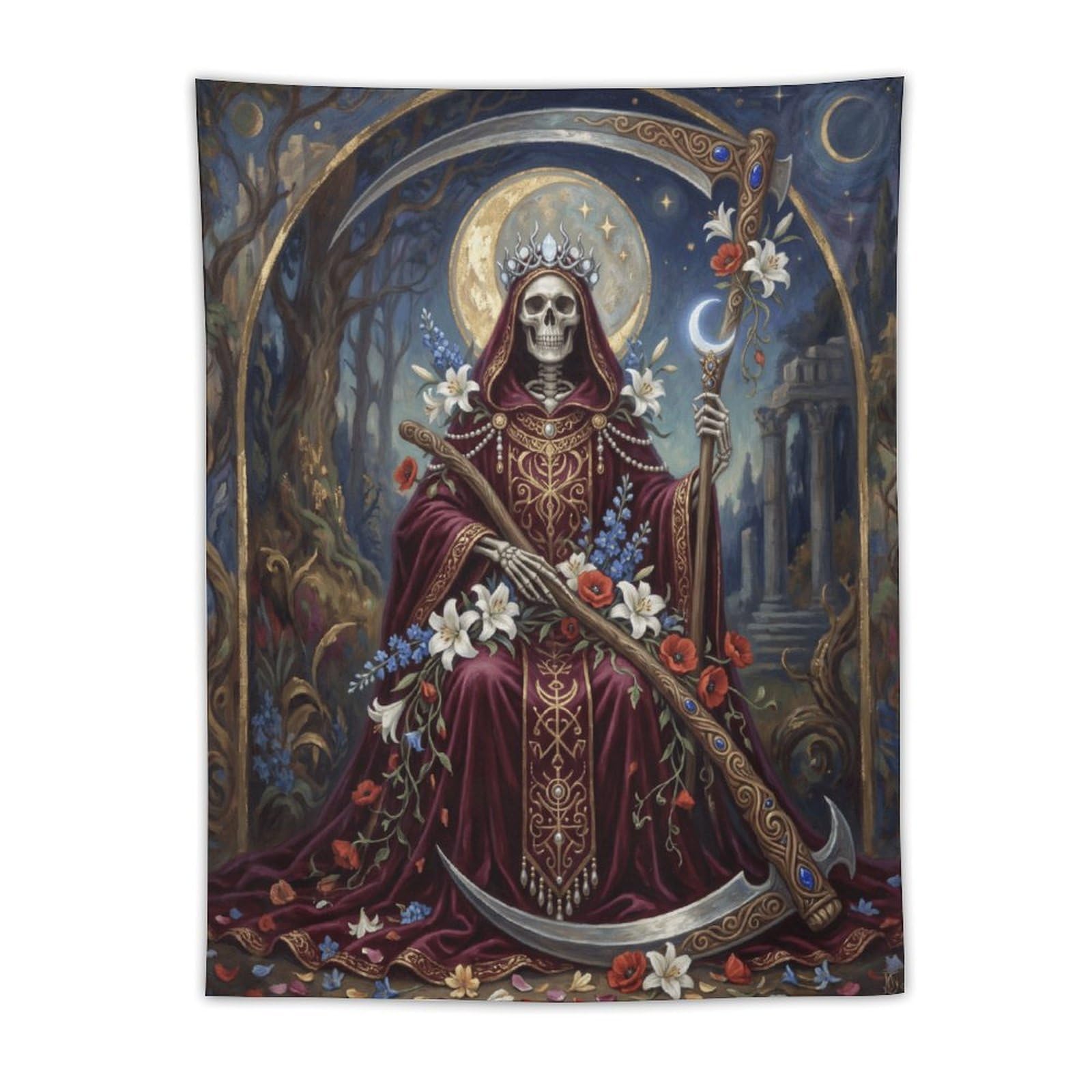 W7C8U2X3 Floral Grim Reaper Wall Tapestry, Gothic Oil, Memento Mori