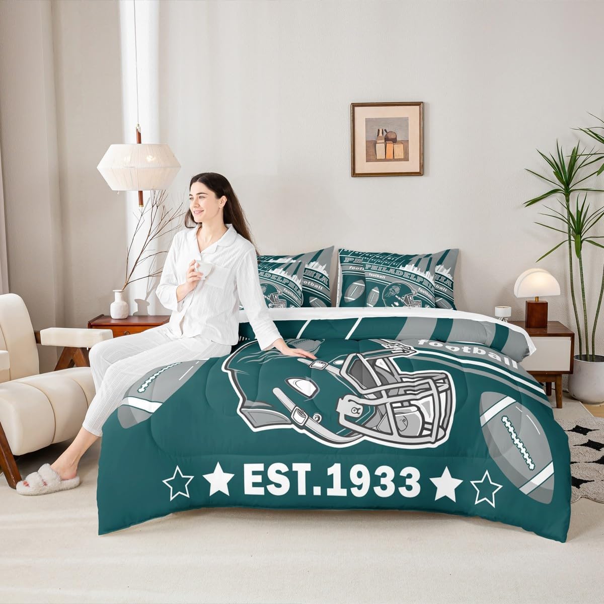 Feelyou Football 7 Pieces Comforter Sets Queen Size Kids Rugby Sports Bedding Set for All Season Football City Bed in a Bag with Comforter, Sheets, Pillowcases & Cushion Cover