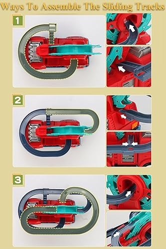 Miniatura 7 de Juguete deslizante de motor de bomberos 2 en 1 para niños – Juego interactivo para niños pequeños con música, luces, pista de carreras y noria –