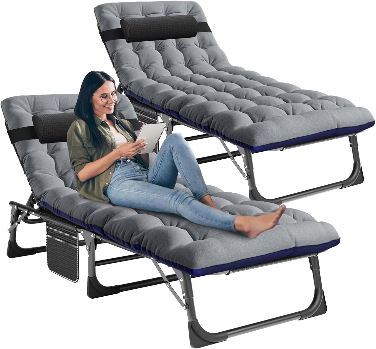 Ryuhic Sun Lounger for Garden Set of 2, Adjustable Sunloungers with Cushion and Headrest, Folding Camping Bed for Adults 200KG Capacity, Oversized Guest Bed Lounge Chair for Patio and Beach