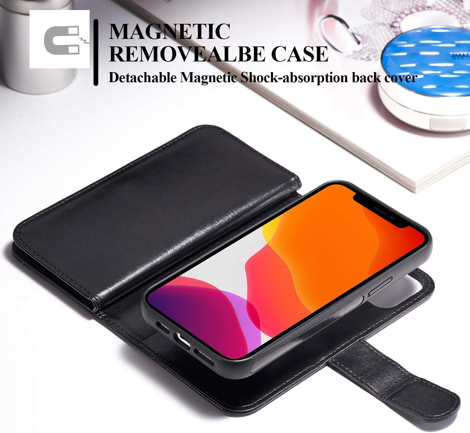 XRPow Case for iPhone 12/12 Pro [2 in 1] Magnetic Detachable Wallet Case [PU Leather] Folio Flip [9 Card Slot] [Wrist Strap] Durable Protection Back Cover for iPhone 12/12 Pro 6.1" Black