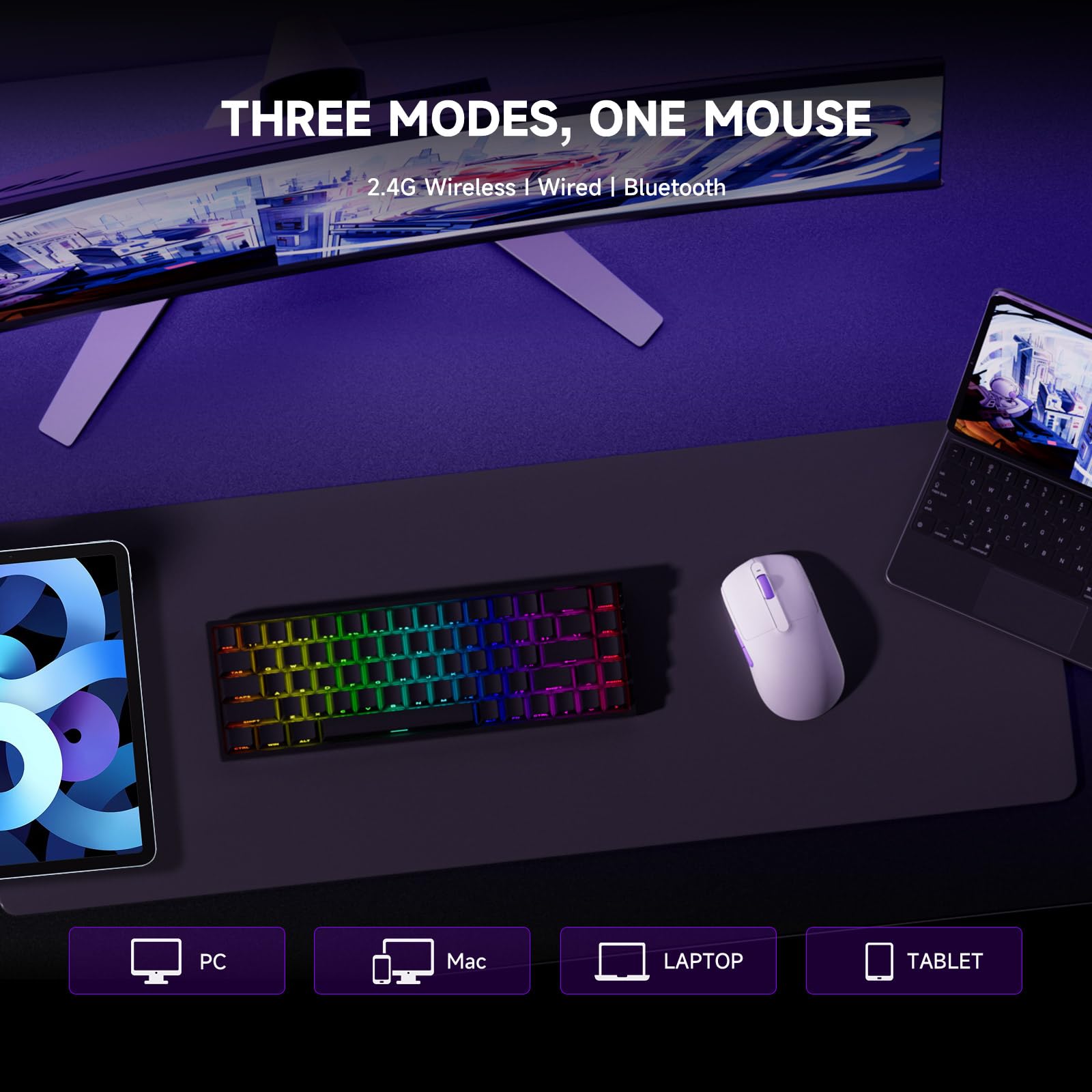 AKKO Dash Max Souris Gaming sans Fil 41g PAW3395 8K Ultra Légère | Souris Gaming Blanche, Taux 8K Rapide, Bluetooth/2.4GHz Sans Fil ou Filaire, DPI Jusqu'à 26000 pour FPS PC Mac
