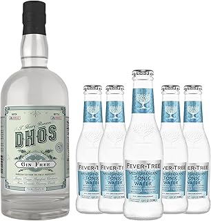 Dhos Handcrafted Non-Alcoholic Gin w 5 Pack Fever Tree Mediterranean Tonic Water - Keto-Friendly, Zero Sugar, Zero Calories, Zero Proof - 750 ML - Perfect for Mocktails - Made in USA