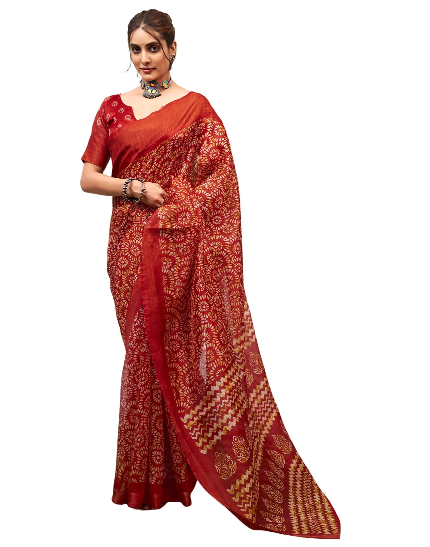 siril Women's Cotton Blend Printed Zari Stripe Border Saree With Unstitched Blouse Piece-picture-12