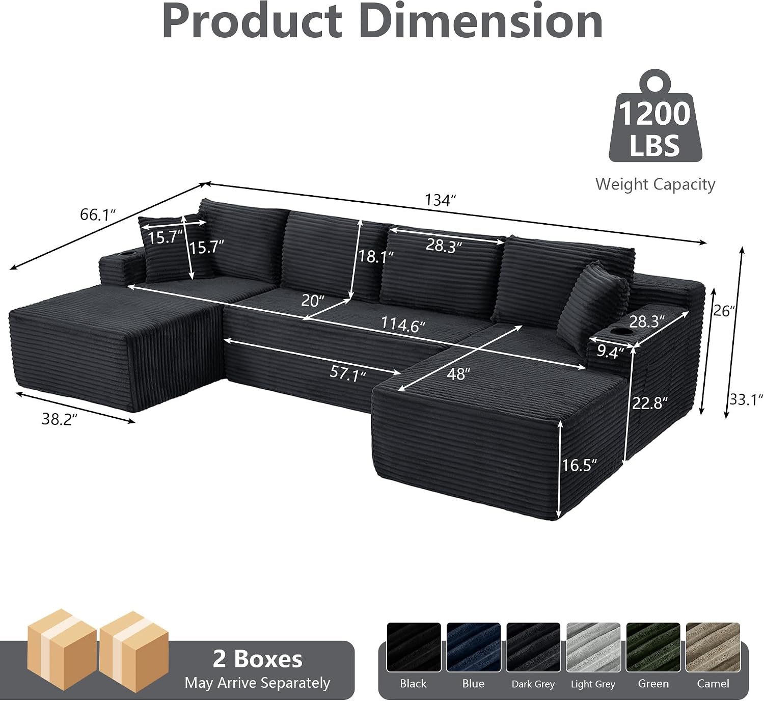 134" Modular Sectional Sofa with Movable Chaises, Boneless Couches with Cup Holders for Living Room,Oversized U Shaped Sectional Couch, Modern Cloud Corner Sofa with Storage, 6 Seater- Grey