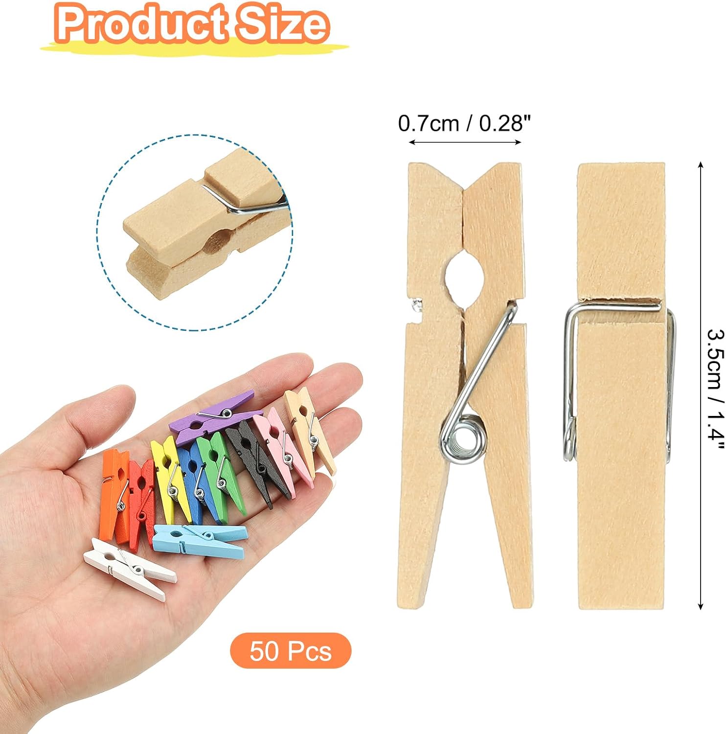 PATIKIL 1.4" Wooden Colored Clothes Pins, 50Pcs Mini Colorful Wooden Clothes Clips Strong Grip Photo Clips for Pictures Hanging Clothes Decorative Crafts, Wood