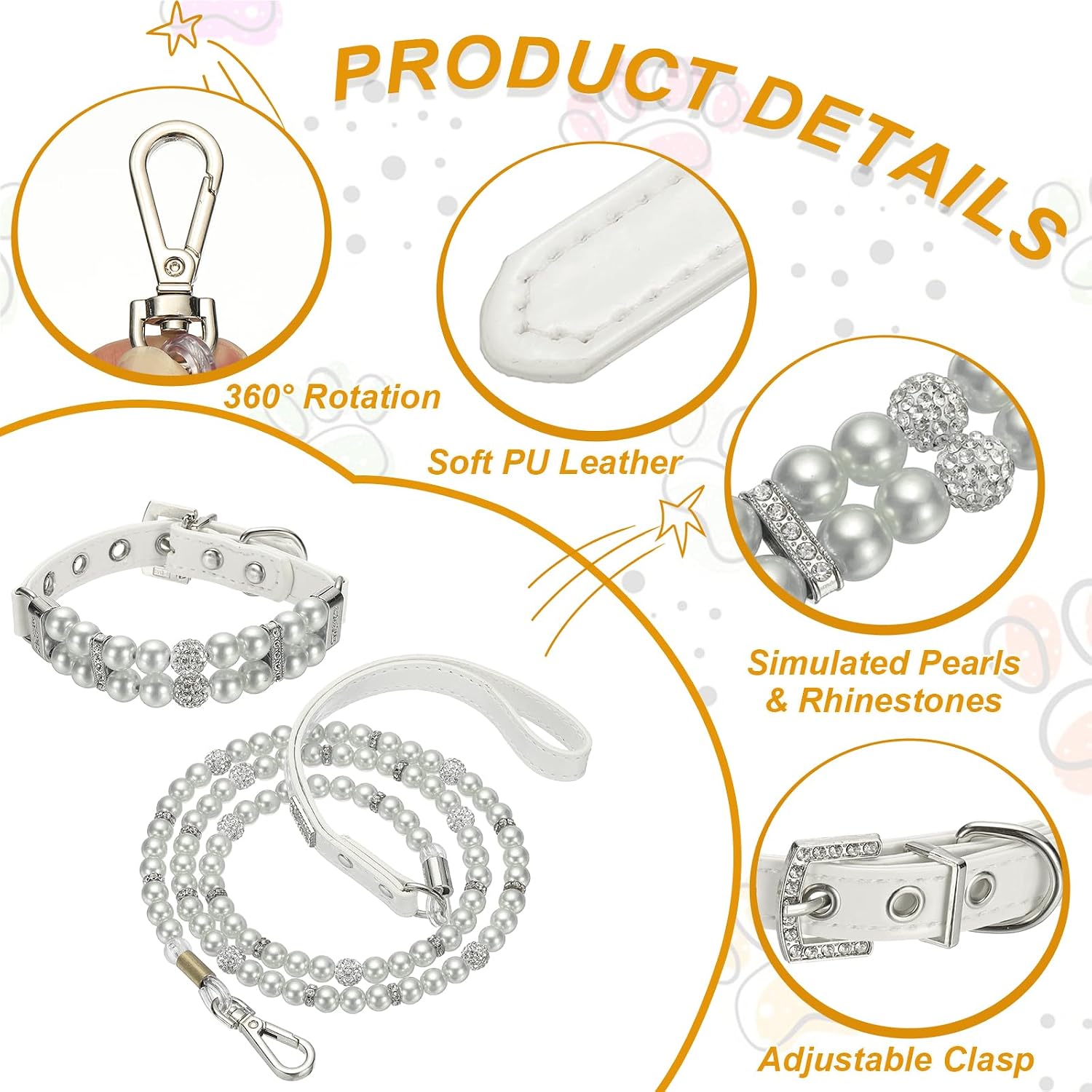 Pearl Dog Collar, Bling Pearl Cat Collar with Leash Fancy Crystal Rhinestone Luxury Beaded Cute Wedding Necklace, (White, S), Intended for Teacup/Puppies/Kitten/Small Pet image 3