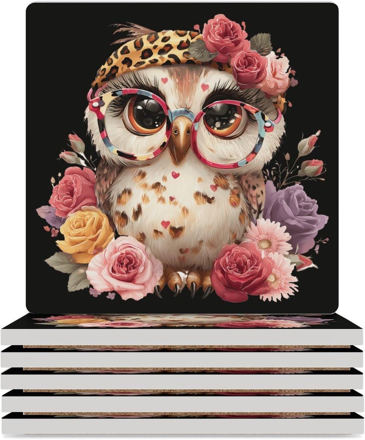 Owl Floral Coaster for Drinks Square Ceramic Table Coasters Stone Mat Crafts 6PCS Home Kitchen Decor