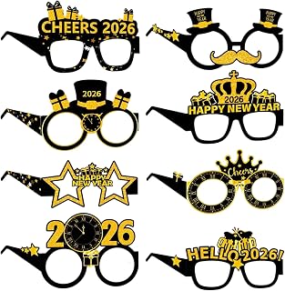 2026 Glasses New Years - 8 Pieces Festive Photo Booth Props,Holiday Party Eyeglasses,for Kids Teens Adults Attendees Hosts Guests Night Celebration Office Dinner Caroling Family Gathering