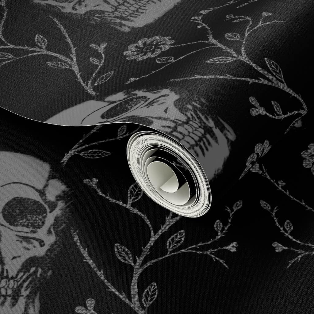 Spoonflower Peel & Stick Wallpaper 3ft x 2ft - Vintage Skull Damask Black Grey Skull Spooky Bone Zombie Custom Removable Wallpaper