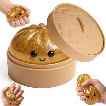 Dumpling Squishy Mystery Box, Mini Glitter Squeeze Ball with Slow-Rising Bounce, Solid TPR Fidget Pal for Daily Calm, Quiet Travel Buddy for Work Study Home, Sweet Treat Gift1PCS-Gold