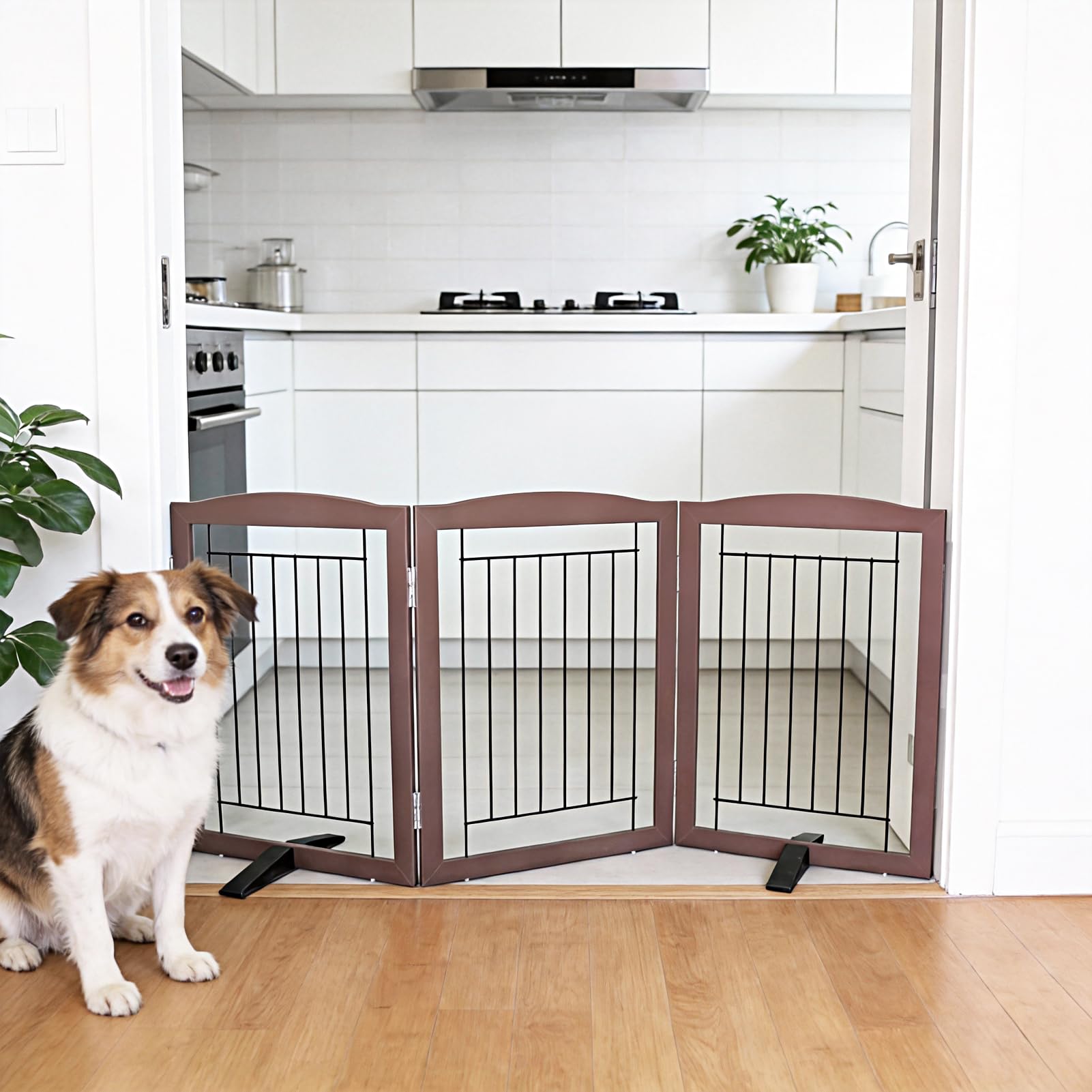 Dog Fence Indoor,Dog Gate Indoor for Doorway pet gate -3-Panel Freestanding, Hallways, House or Stairs -60x24-Inch Retractable Foldable Expandable Wood Pet by SFJC (Brown)
