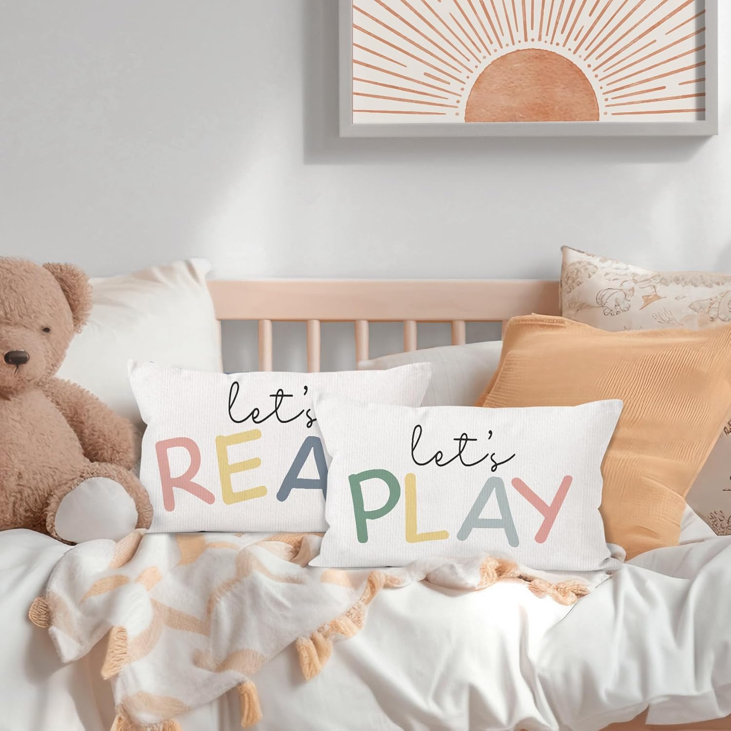 HIWX Kids Playroom Decor, Classroom Throw Pillows Cover,Let's Read Play Decorative 12 x 20 Throw Pillow Cover,Lets Play Read Kids Reading Corner Room Playroom Nursery Decor Set of 2 Pillowcase - Image 2