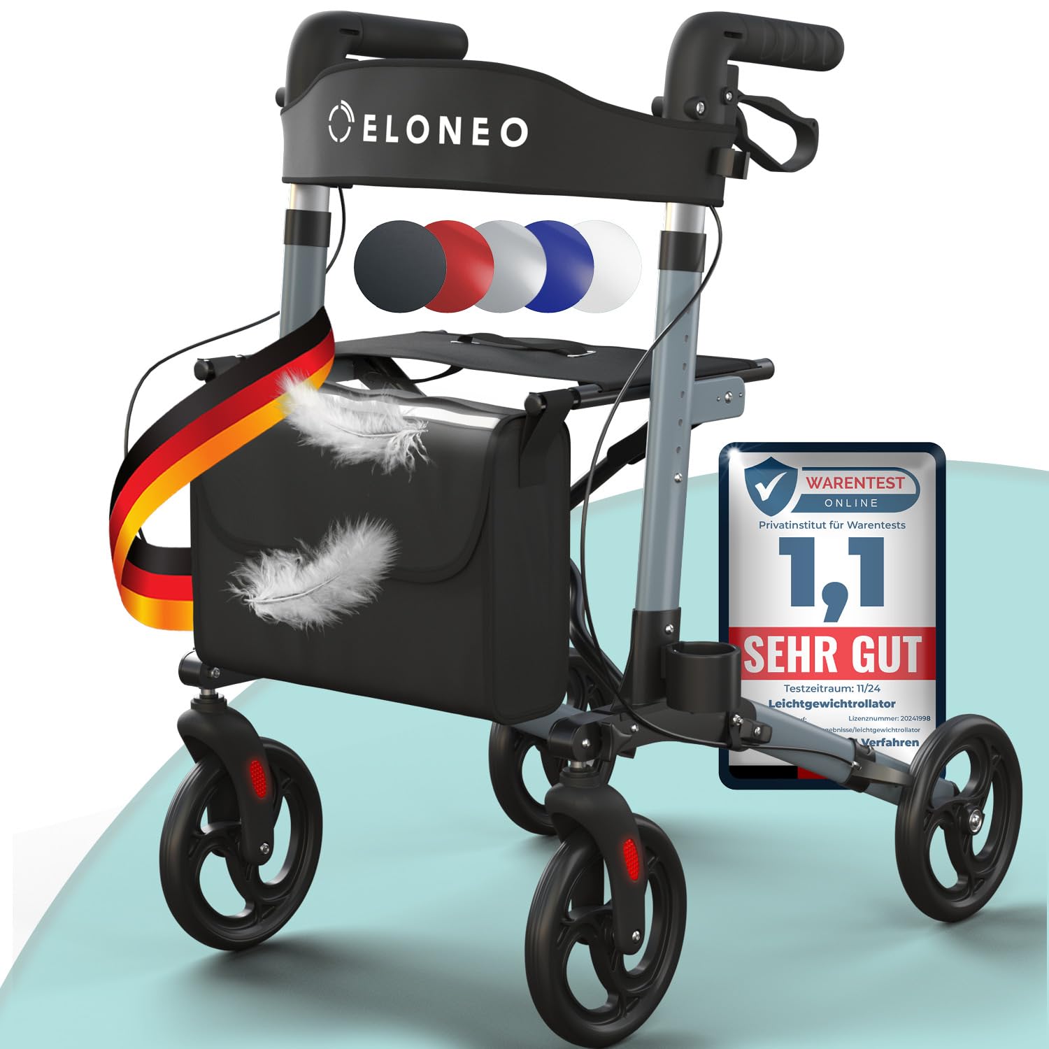 ELONEO Rollator faltbar und leicht mit Sitz, Leichtgewicht-Reiserollator aus Aluminium, Gehhilfe 8-fach höhenverstellbar, Laufhilfe 3-fach faltbar für Kofferraum, Tasche & Schirmhalter Anthrazit